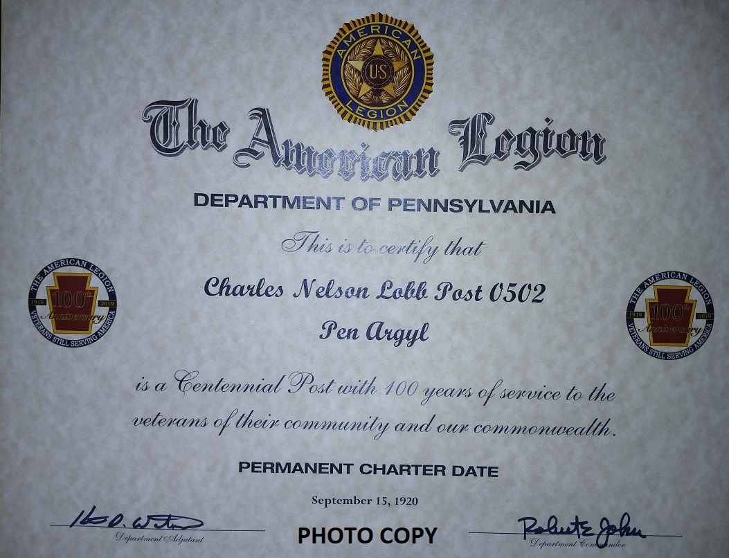 Pen Argyl American Legion Post 502 Charter Image